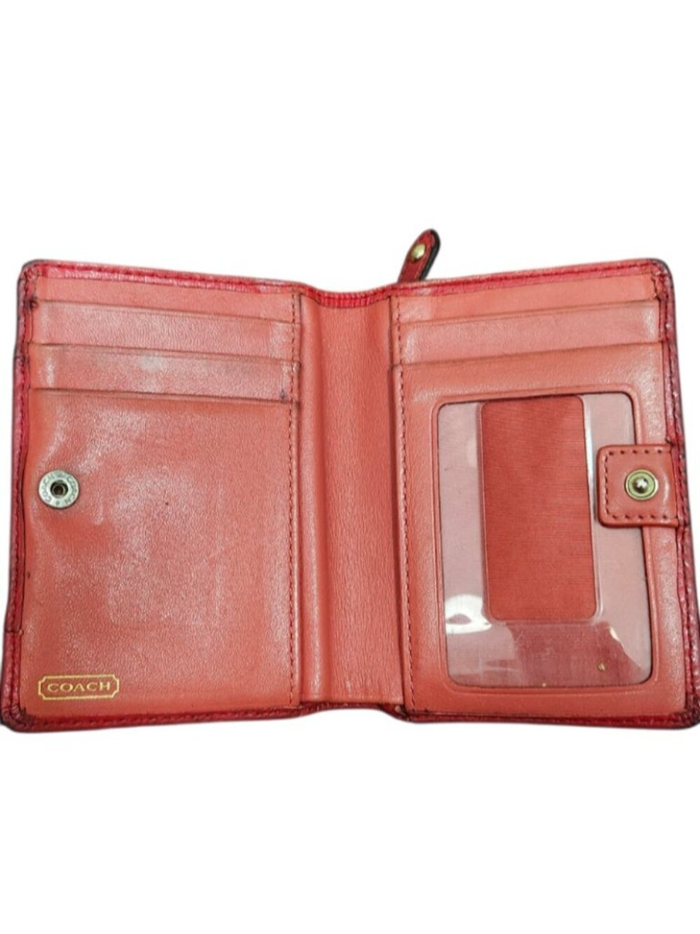 Coach Red Leather Wallet Women Compact Bifold Zip Coin Pocket Signature Logo - Picture 3 of 6
